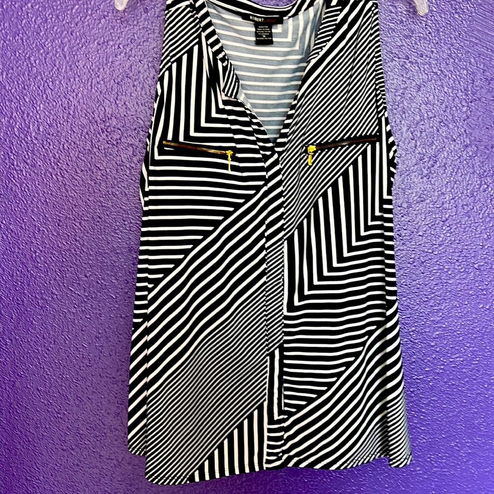 Blue and white striped sleeveless blouse